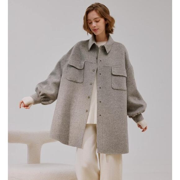 Gentle Herd Oversized Button-down Wool Cashmere Shirt Jacket, Fog Gray size S - Picture 1 of 10